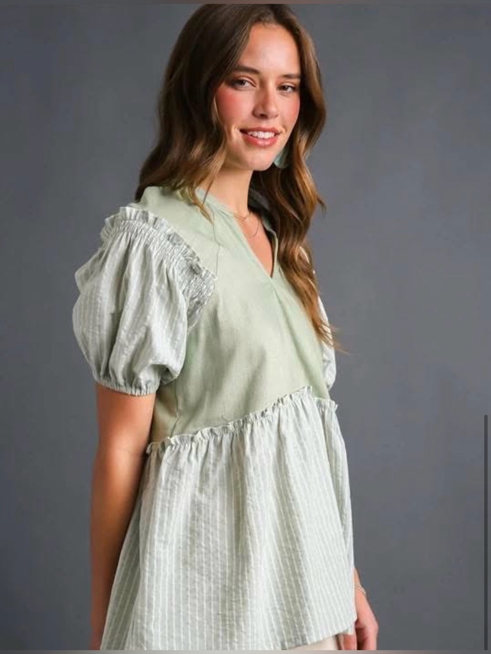 Umgee Sage Green Babydoll Blouse - Picture 3 of 8